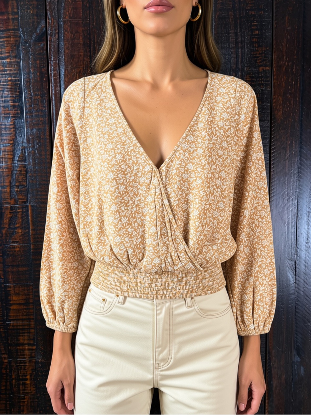 American Eagle Outfitters Floral V-Neck Smocked Waist Top Small
